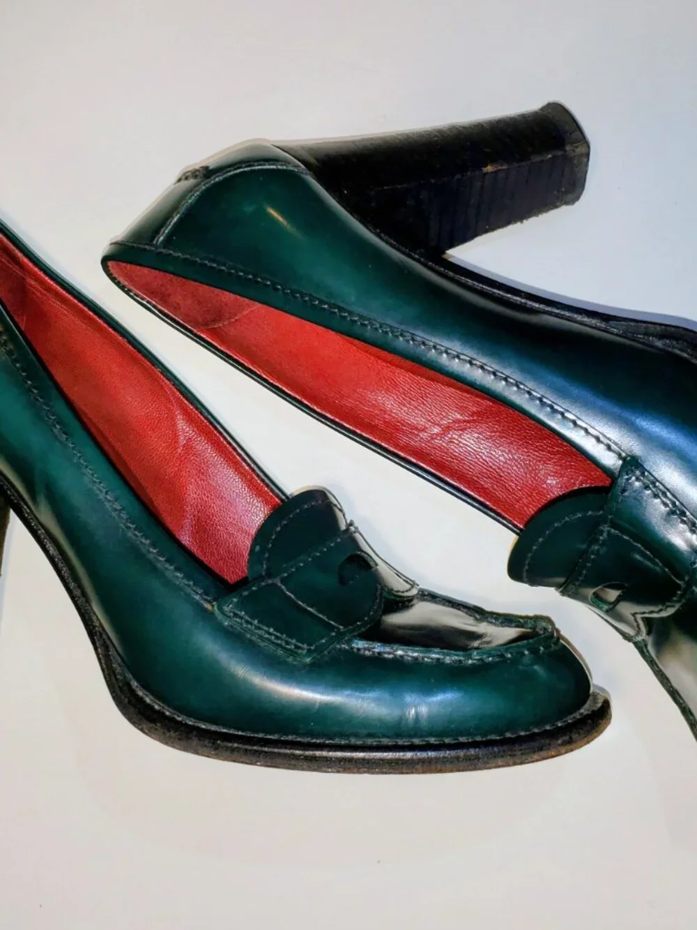 Prada Green Leather Penny Loafer Luxury Heels EU 38 39 US 8.5 Made in Italy - Picture 3 of 11